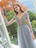 A-Line Tulle Beaded Luxurious Sexy Formal Evening Dresses Long Sleeves Floor Length