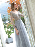 A-Line Tulle Beaded Luxurious Sexy Formal Evening Dresses Long Sleeves Floor Length