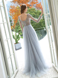 A-Line Tulle Beaded Luxurious Sexy Formal Evening Dresses Long Sleeves Floor Length