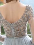 A-Line Tulle Beaded Luxurious Sexy Formal Evening Dresses Long Sleeves Floor Length