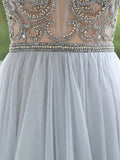 A-Line Tulle Beaded Luxurious Sexy Formal Evening Dresses Long Sleeves Floor Length
