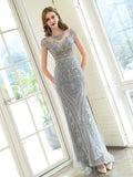 Mermaid / Trumpet Beaded Luxurious Sexy Formal Evening Dresses Cap Sleeves Floor Length