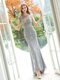 Mermaid / Trumpet Beaded Luxurious Sexy Formal Evening Dresses Cap Sleeves Floor Length