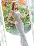 Mermaid / Trumpet Beaded Luxurious Sexy Formal Evening Dresses Cap Sleeves Floor Length