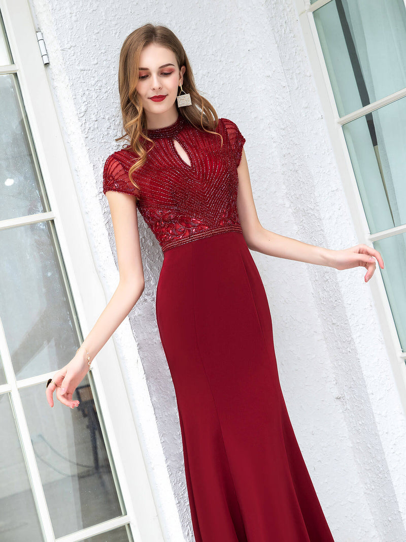 Mermaid / Trumpet Max Chiffon Beaded Luxurious Sexy Formal Evening Dresses Cap Sleeves Floor Length Prom Dresses