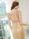 Mermaid / Trumpet V-neck Beaded Luxurious Sexy Formal Evening Dresses Sleeveless Floor Length Prom Dresses