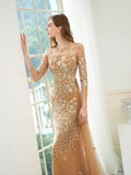 Mermaid / Trumpet V-neck Beaded Luxurious Sexy Formal Evening Dresses Long Sleeve Floor Length Prom Dresses