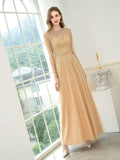 A-line Beaded Luxurious Fashion Formal Evening Dresses Long Sleeve Floor Length Prom Dresses