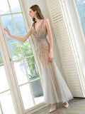 Mermaid V-neck Beaded Luxurious Fashion Formal Evening Dresses Sleeveless Floor Length Prom Dresses