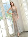 Mermaid V-neck Beaded Luxurious Fashion Formal Evening Dresses Sleeveless Floor Length Prom Dresses