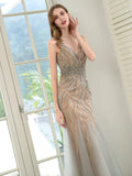 Mermaid V-neck Beaded Luxurious Fashion Formal Evening Dresses Sleeveless Floor Length Prom Dresses