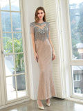 Mermaid Beaded Luxurious Fashion Formal Evening Dresses Short Sleeves Floor Length