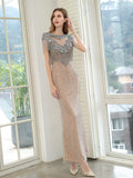 Mermaid Beaded Luxurious Fashion Formal Evening Dresses Short Sleeves Floor Length