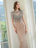 Mermaid Beaded Luxurious Fashion Formal Evening Dresses Short Sleeves Floor Length