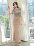 Mermaid Beaded Luxurious Fashion Formal Evening Dresses Short Sleeves Floor Length