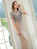 Mermaid Beaded Luxurious Fashion Formal Evening Dresses Short Sleeves Floor Length