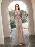 Mermaid Beaded Luxurious Fashion Formal Evening Dresses Long Sleeve Floor Length