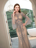 Mermaid Beaded Luxurious Fashion Formal Evening Dresses Long Sleeve Floor Length