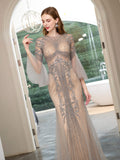 Mermaid Beaded Luxurious Fashion Formal Evening Dresses Long Sleeve Floor Length