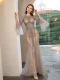 Mermaid Beaded Luxurious Fashion Formal Evening Dresses Long Sleeve Floor Length