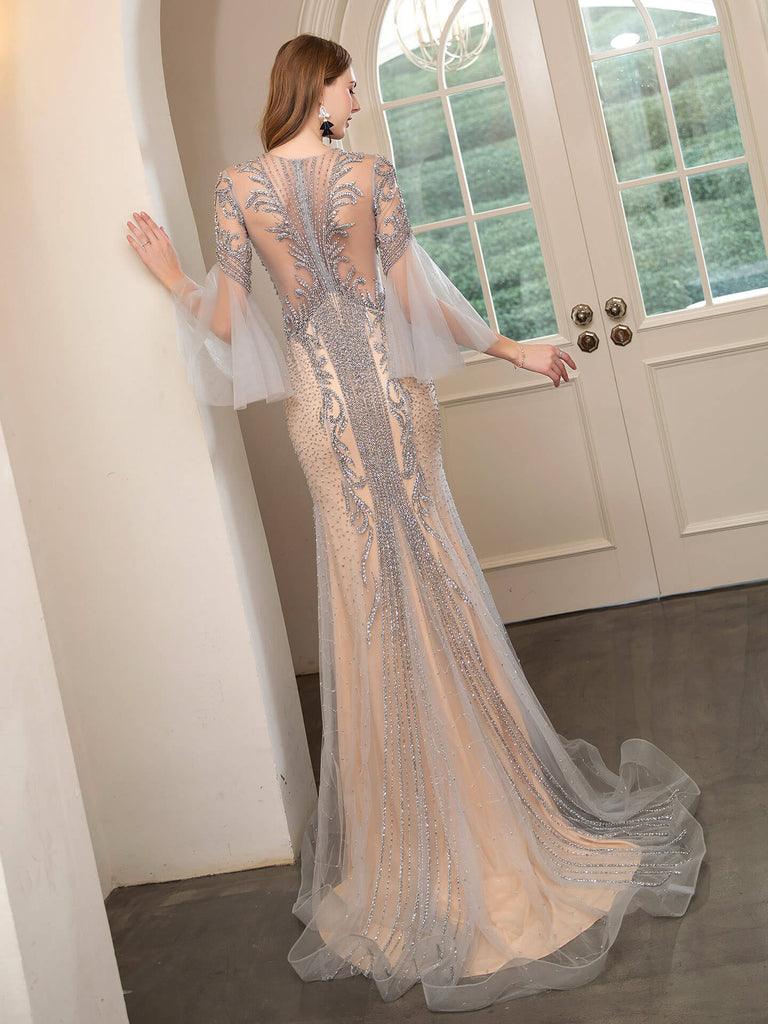 Mermaid Beaded Luxurious Fashion Formal Evening Dresses Long Sleeve Floor Length