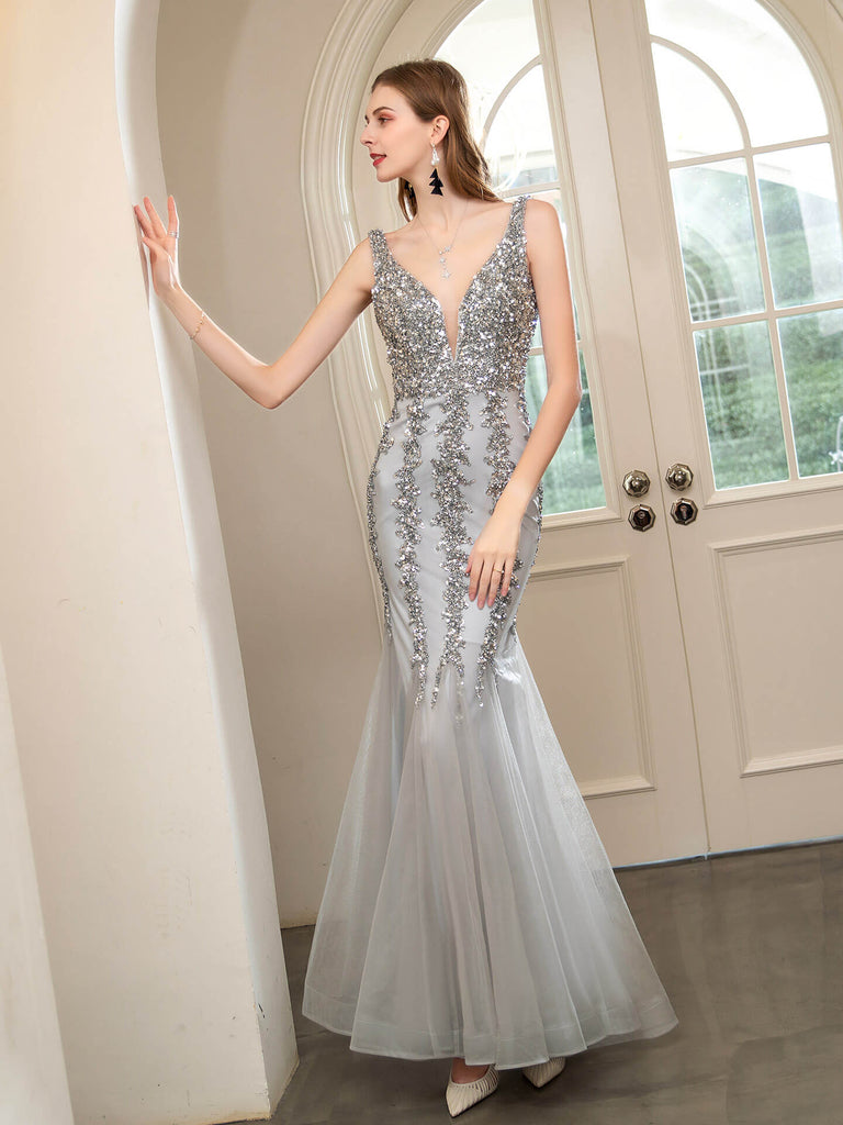Mermaid V-neck Beaded Luxurious Fashion Formal Evening Dresses Sleeveless Floor Length