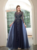 Mermaid Beaded Luxurious Fashion Formal Evening Dresses Long Sleeve Floor Length