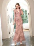 Mermaid V-neck Beaded Luxurious Fashion Formal Evening Dresses Long Sleeve Floor Length