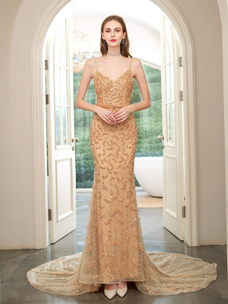 Mermaid Beaded Luxurious Fashion Formal Evening Dresses Spaghetti Strap Sleeveless Floor Length