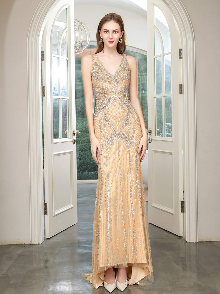 Mermaid V-neck Beaded Luxurious Fashion Formal Evening Dresses Sleeveless Floor Length