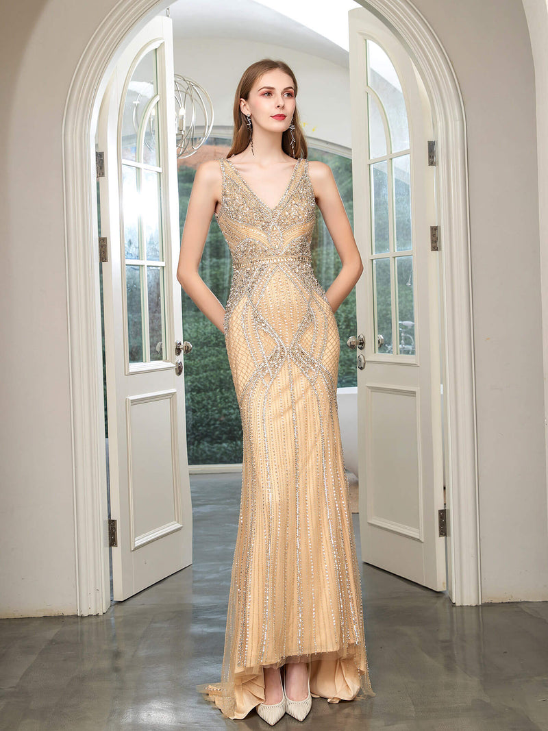 Mermaid V-neck Beaded Luxurious Fashion Formal Evening Dresses Sleeveless Floor Length