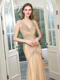 Mermaid V-neck Beaded Luxurious Fashion Formal Evening Dresses Sleeveless Floor Length