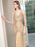 Mermaid V-neck Beaded Luxurious Fashion Formal Evening Dresses Sleeveless Floor Length