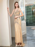 Mermaid V-neck Beaded Luxurious Fashion Formal Evening Dresses Sleeveless Floor Length