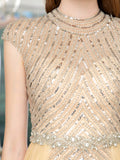Mermaid Beaded Luxurious Fashion Formal Evening Dresses Cap Sleeve Floor Length