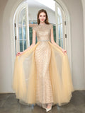 Mermaid Beaded Luxurious Fashion Formal Evening Dresses Cap Sleeve Floor Length