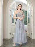 A-line Beaded Luxurious Sexy Formal Evening Dresses Sleeveless Floor Length Prom Dresses