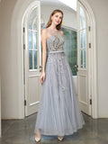 A-line Beaded Luxurious Sexy Formal Evening Dresses Sleeveless Floor Length Prom Dresses