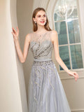 A-line Beaded Luxurious Sexy Formal Evening Dresses Sleeveless Floor Length Prom Dresses