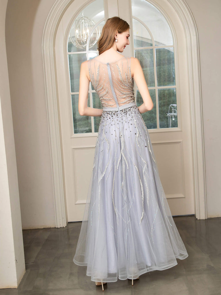 A-line Beaded Luxurious Sexy Formal Evening Dresses Sleeveless Floor Length Prom Dresses