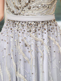 A-line Beaded Luxurious Sexy Formal Evening Dresses Sleeveless Floor Length Prom Dresses