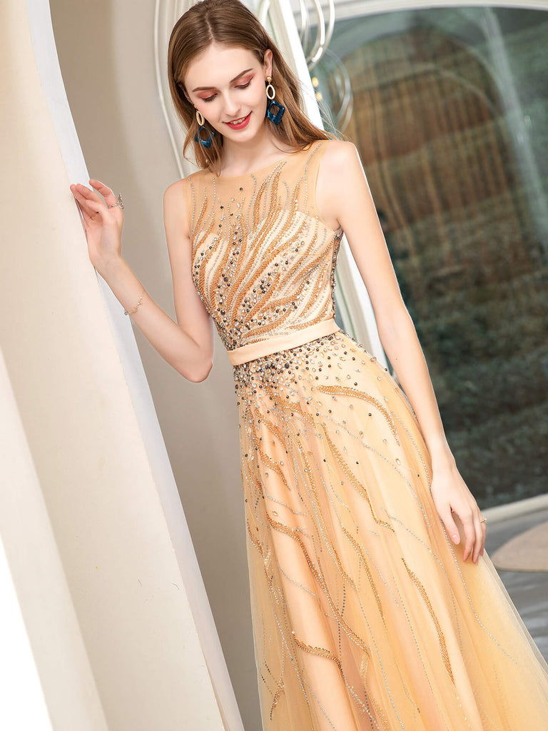 A-line Beaded Luxurious Sexy Formal Evening Dresses Sleeveless Floor Length Prom Dresses