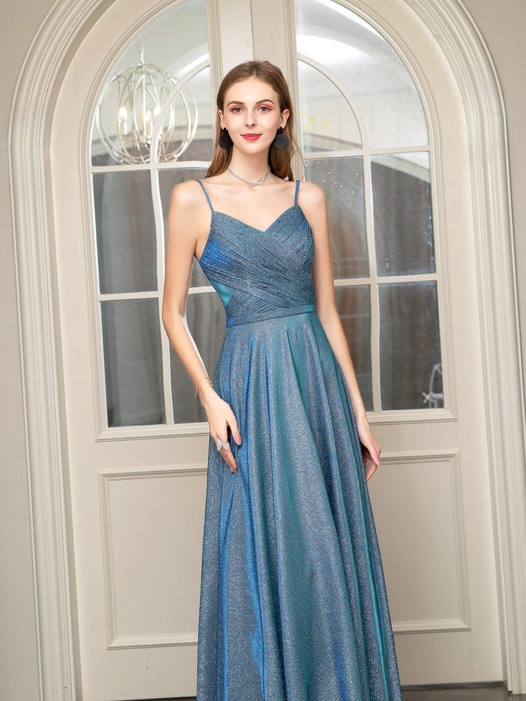 A-line Fashion Formal Evening Dresses Spaghetti Strap Sleeveless Floor Length Prom Dresses