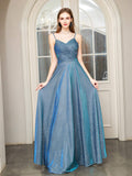 A-line Fashion Formal Evening Dresses Spaghetti Strap Sleeveless Floor Length Prom Dresses