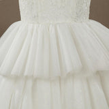 A-line Tea-length Lace match Tulle Flower Girl Dress Jewel Neck Sleeveless with Tiers - dressblee