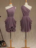 Mini Chiffon Bridesmaid Dress Dusty Purple One Shoulder A-line Asymmetrical Pleats