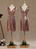 Mini Sequined Bridesmaid Dress Sheath Column V-neck Metallic Sparkle