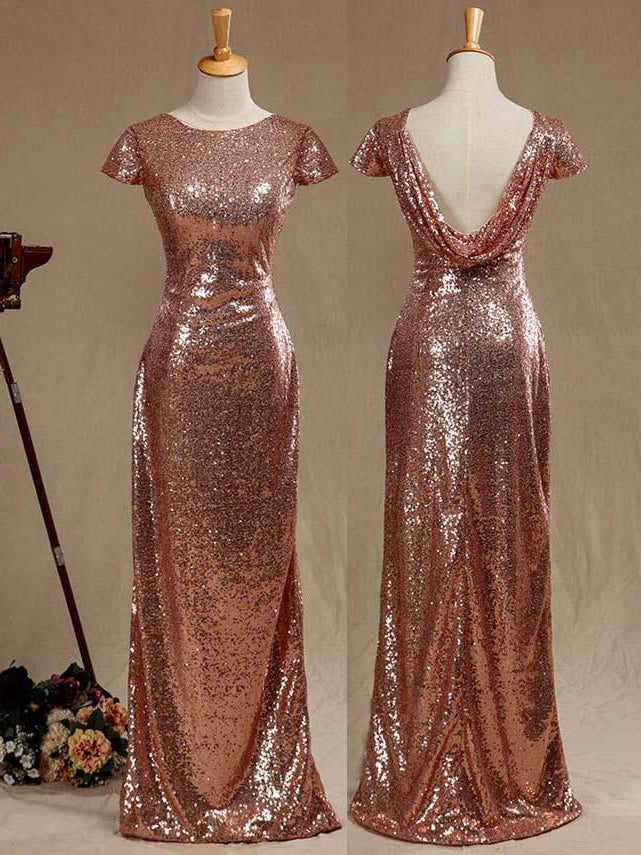 Rose Gold Sequin Bridesmaid dress Cowl Back Cap Sleeves Scoop neck – dressblee