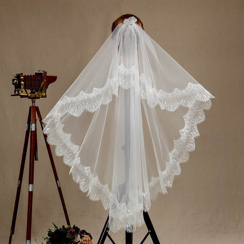 Wedding Veil One-tier Fingertip Lace Applique Tulle - dressblee